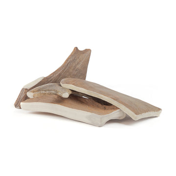 four giant moose paddle antler chews in a pile on a white background