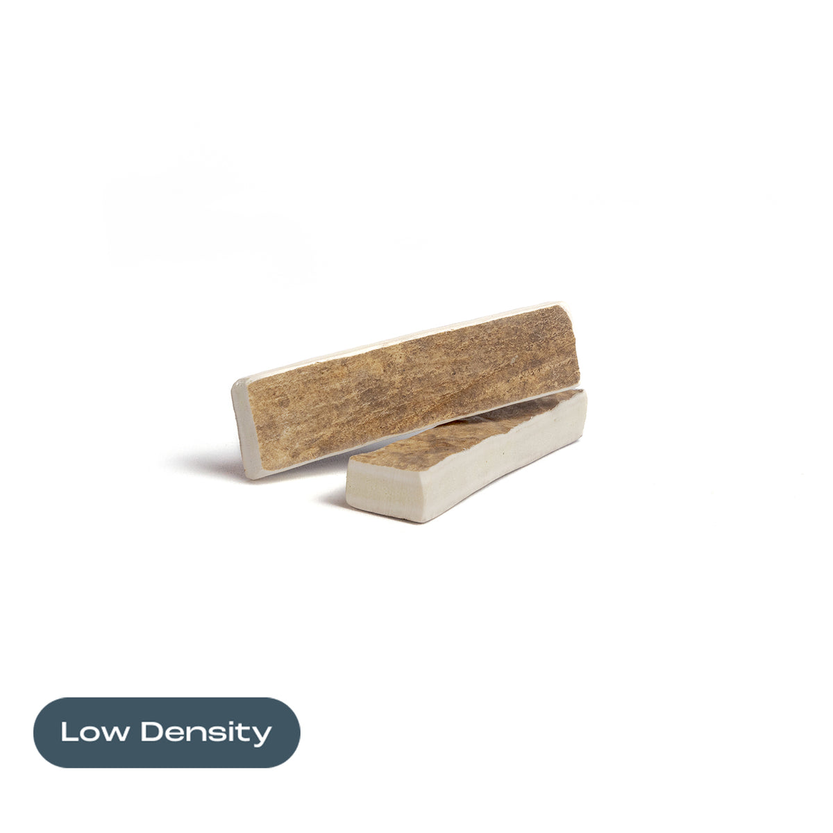 two small moose paddle antler chews on a white background with the text "Low Density" written below