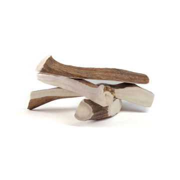 four extra large moose split antler chews in a pile on a white background